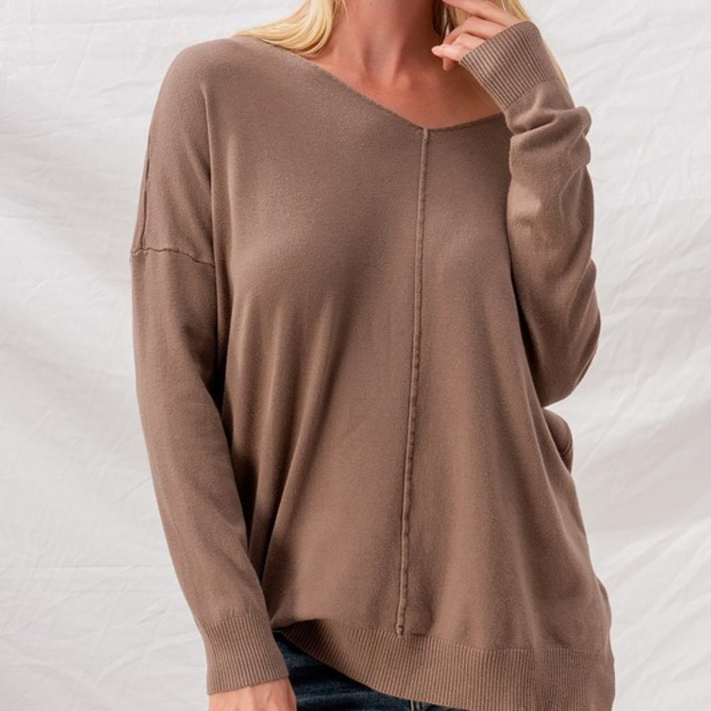 Hi-Lo V Neck Front Seam Mocha Sweater